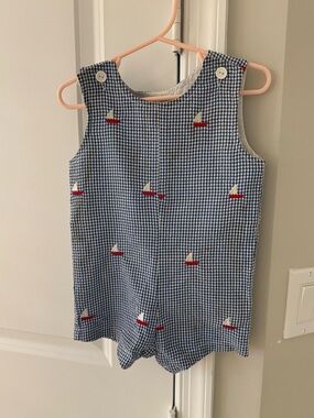 Funtasia! Too Embroidered Sailboat Blue Gingham Baby Romper